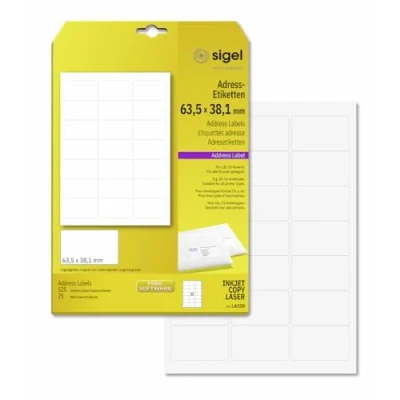 Imagen de SIGEL LA320 Etiquetas para direcciones (Ink/Laser/Copy), 63,50x38,10 mm (A4), 525 Et.=25 hojas