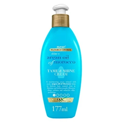 Imagen de OGX Shine + Argan Oil of Morocco Tame and Cream (1 x 177 ml), crema de peinar rizos enriquecida con aceite argán, tratamiento anti frizz, para pelo rizado