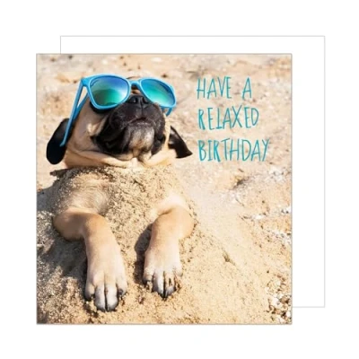 Imagen de Edition Seidel Tarjeta de cumpleaños cuadrada premium con sobre, felicitación Happy Birthday Billet para mujer hombre playa perro Pug Relax (GQ293 SW024)
