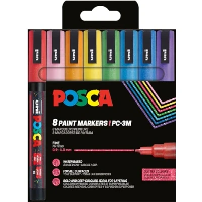 Imagen de Uni Ball 186539 POSCA Marker Set, 8 rotuladores acrílicos brillo PC 3M, rotulador permanente 0,9 1,3 mm punta redonda
