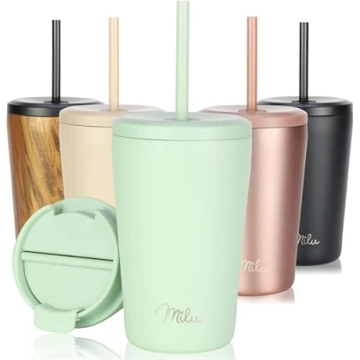 Imagen de Milu Termo Cafe 300ml, 400ml, 500ml Vaso Termico Antigoteo, Taza Termica acero inox sin BPA, Insulated Mug para llevar (Lily green, 400ml)