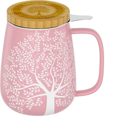 Imagen de amapodo Taza de Té con Tapa y Colador Porcelana grande 600ml Jumbo Juego Tazas XXL Rosa sin plástico