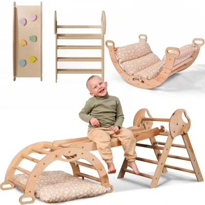 Imagen de Estructura de Escalada 5 en 1 para Niños Escalera Triángulo, Arco Escalada, Balance Board y Cojín, Montessori, Gimnasio Madera a 3 Años