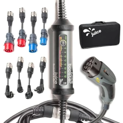 Imagen de Juice Booster 2 Europe Set, Mobile Wallbox 22kW Sin Instalación, Cargador Coche Electrico con Cable Tipo 2, Ligero e Impermeable IP67, Incluye 4 Adaptadores CEE + UE
