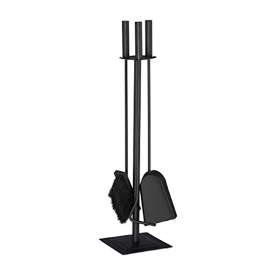 Imagen de Relaxdays Juego de 4 Piezas para Chimenea con Pala, Escoba, atizador y Soporte, Cubiertos Horno Modernos, Color Negro Kit Accesorios, Recogedor, Acero, 61 x 15 cm