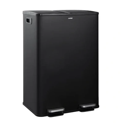Imagen de CASABEL Cubo de Basura Selectiva 60L 2 x 30 Litros, Compartimentos Dobles 2x30L, Acero Inoxidable Negro, Papelera Reciclaje Pedal Rectangular, Anti Trazas, Olores, Empresa Francesa