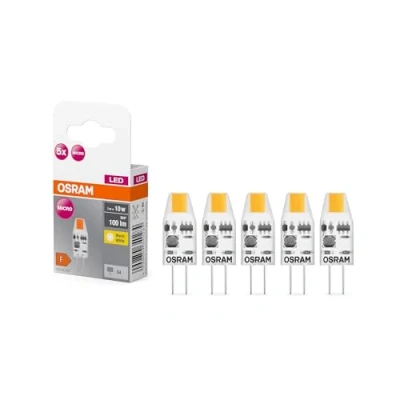 Imagen de OSRAM LED BASE PIN MICRO, paquete de 5 bombillas baja tensión, reemplaza especiales tradicionales 10W, blanco cálido, 1W, casquillo G4, vidrio mate, no regulable, ultracompacto