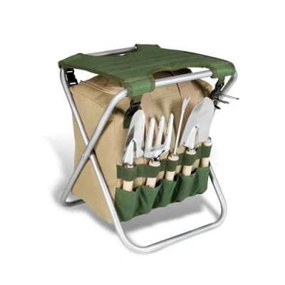 Imagen de BIKAIN Taburete Plegable de Jardin Juego Herramientas Bolsa Almacemiento con Cremallera Incluye 5 Mando Madera
