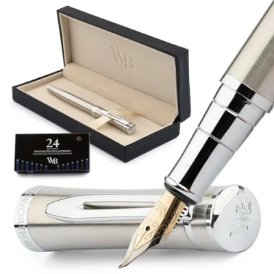 Imagen de Wordsworth &amp; Black Juego de plumas estilográficas, punta curvada, 24 cartuchos tinta, convertidor recarga tinta y estuche regalo, acabado cromado, para caligrafía, cromado plateado