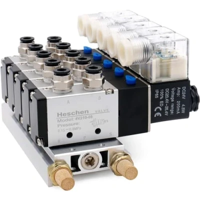 Imagen de Heschen Válvula solenoide neumática eléctrica de 5, 4V210 08, DC24V, PT1/4 pulgadas, 5 vías, 2 posiciones, silenciador base colector, juego accesorios rápidos