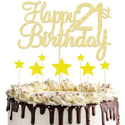 Imagen de 8 Piezas Decoracion Torta 21 Cumpleaños, 1 Happy 21st Birthday Topper y 7 Decoración de Tarta Estrella, para Tartas Cumpleaños Aniversario Productos Fiestas