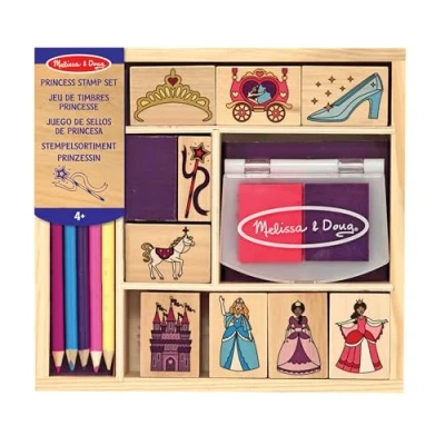 Imagen de Melissa &amp; Doug sellos de princesa, Juguete creativo para niños o niñas 3,4,5,6,7 años, Juego madera, 9 sellos, 2 almohadillas tinta 5 lapices colores