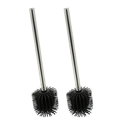 Imagen de Relaxdays Escobillas Silicona WC Set 2, Antibacterial, Efecto Loto, Cabezal Extraíble, Escobilleros, Negro y Plateado, 36 x 8 cm