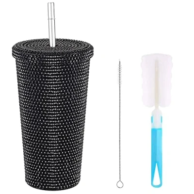 Imagen de ZWMBYN vaso brillante con purpurina tapa y popote, botella de agua 17 onzas, taza térmica diamantes imitación, acero inoxidable café