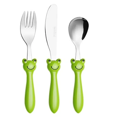 Imagen de Exzact Cubertería Infantil 3pz para niños de Acero Inoxidable 1 x Cena Cuchillo, Tenedor, Cuchara Libre BPA, apta lavavajillas, 2 años + (Rana 3)