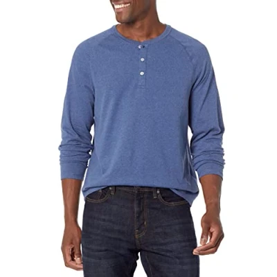 Imagen de Amazon Essentials Camiseta de manga larga con cuello Henley y corte recto (disponible en talla grandes largos especiales) Hombre, Azul Mezcla, S