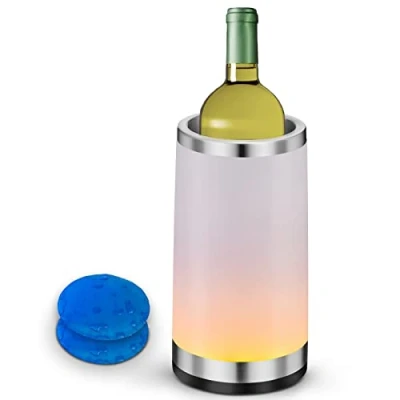 Imagen de Elrigs Enfriador de Botellas Vino con RGB Lámparas Mesita Noche (con 2 Ice Pack), Cubiteras para Acero Inoxidable Doble Pared Aislante, 750ml Cerveza Champan