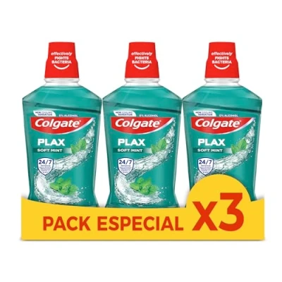 Imagen de Colgate Plax Soft Mint Enjuague Bucal, Pack 3 Uds x 500ml, Antibacteriano, Contiene Flúor, Protección contra la Caries Eficaz 24H, Sin Alcohol, Aliento Fresco, Boca Más Sana