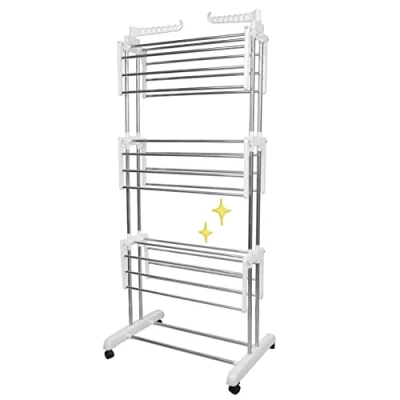 Imagen de Tendedero de Ropa Plegable Vertical,Tendedero Tipo Torre Tres Estante con Cuatro Ruedas, Espacio Secado, Capacidad para 15 KG (72 * 64 170cm (Blanco))
