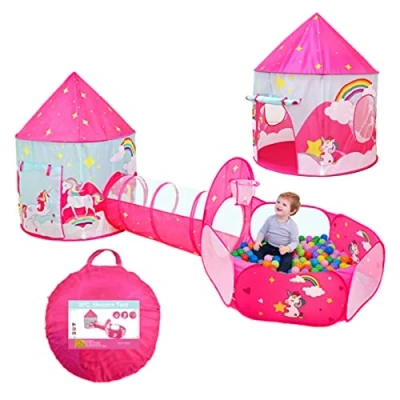 Imagen de Benebomo Tienda de campaña para niños y túnel emergente,Juego 3 en 1 Plegable Unicornio,túnel Bolas pequeños,casa Juegos jardín