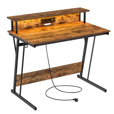 Imagen de VASAGLE Escritorio para Juegos con Luces LED y Tomas de Corriente Incorporadas, Estante 2 Monitores, Mesa Oficina Dormitorio, 60 x 100 76 cm, Marrón Rústico LWD191K01