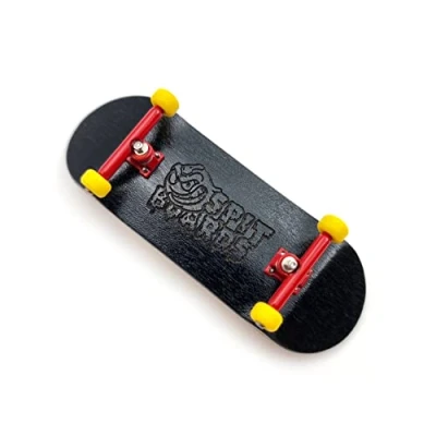Imagen de SPITBOARDS 34 mm Fingerboard Complete Wood Pro Set Up (Pre Assembled, 5 Layers), Trucks, CNC Bearing Wheels, Foam Grip Tape, (Deck: Black, Trucks: Red, Wheels: Yellow)