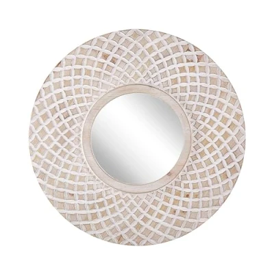 Imagen de Beliani Espejo de Pared Madera Clara Redondo 60 cm Marco Hecho a Mano Blanco patrón geométrico Boho rústico Pomaro