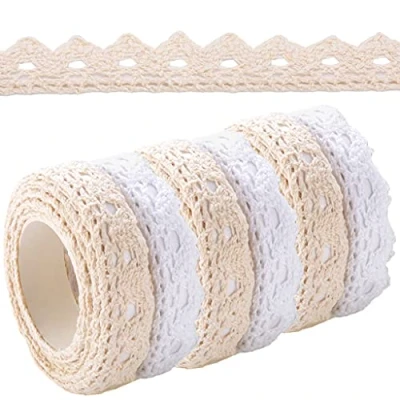 Imagen de 6 rollos de cinta encaje beige y blanco autoadhesivo, decorativa vintage, encaje, autoadhesiva para bodas