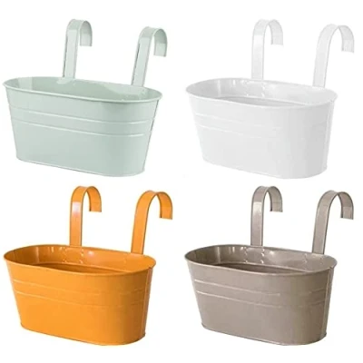 Imagen de KAHEIGN 4 Piezas Macetas Colgantes de Metal, 27,5cm Grandes Cubo Flores con Gancho Desmontable para Balcón Valla Jardín Hogar Decoración (4 Colores)
