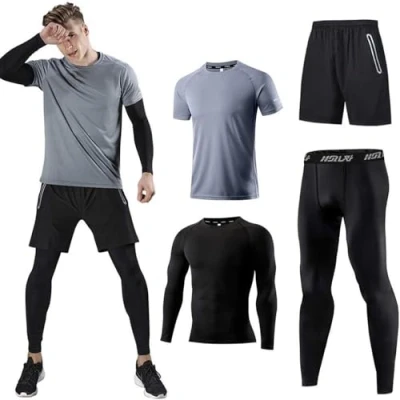Imagen de Holure Juego de 4 camisetas deportivas para hombre con camiseta deportiva, compresión, pantalones y chándal gimnasio gris Medium