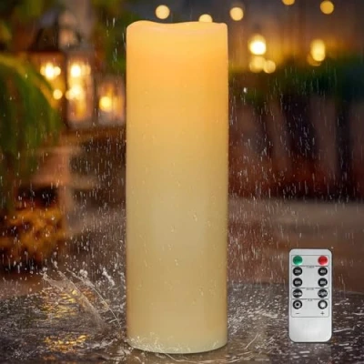 Imagen de Kimjo 10CM x 35CM Sin llama Grandes Velas LED Parpadeo de la al Aire Libre Resistente Agua Blanco Marfil Onda con Función Temporizador Mando a Distancia Batería Funciona