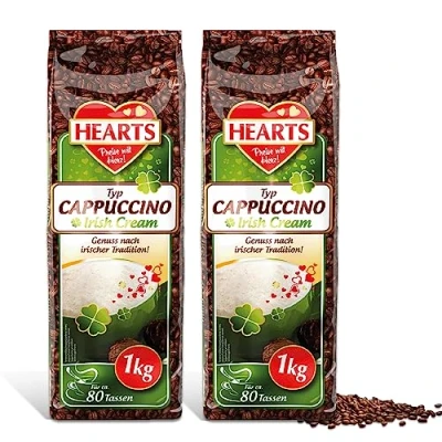 Imagen de HEARTS Cappuccino Irish Cream, 2 unidades (2 x 1 kg), café instantáneo soluble, 160 tazas, disfrute según la tradición irlandesa