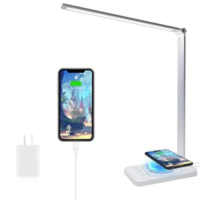 Imagen de Lámpara escritorio LED con Cargador Inalámbrico, Flexo Regulable Puerto de Carga USB, 10 Niveles Brillo, 5 Modos, Control Táctil, Temporizador 30/60min, Luz Lectura