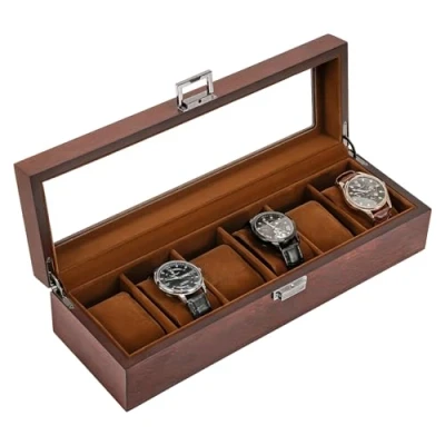 Imagen de Procase Caja para Relojes de 6 Ranuras, Funda Organizadora Reloj con Tapa Cristal, Estuche Almacenamiento Hombres y Mujeres Marrón