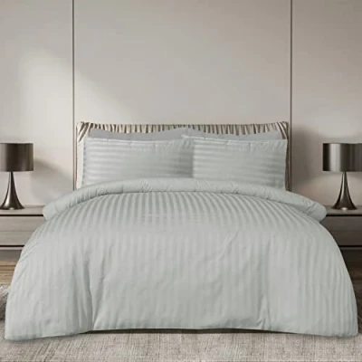 Imagen de Sleepdown Juego de Funda edredón 225 Hilos poliéster satén a Rayas Calidad hotelera Suave con Fundas Almohada en Plata, Super King
