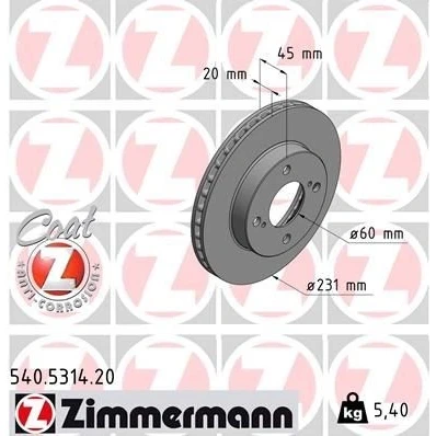 Imagen de ZIMMERMANN COAT Z 540.5314.20 Disco de freno 231 20 6/4 4 100 ventilación interna revestido