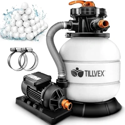 Imagen de tillvex Depuradora de Agua para piscina 7.900L/h + 400g Bolas Filtro 7 Funciones Filtrado &amp; Adaptador Ø32 38mm con indicador presión (Blanco/Naranja)