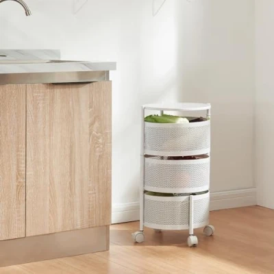 Imagen de [en.casa] Carro de Servicio con 3 Cestas Redondas Carrito Cocina Baño 4 Ruedas Verduras Paredes Perforadas y 2 Superiores Giratorias Acero 60xØ33cm Blanco