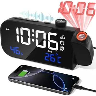 Imagen de MOSUO Radio Reloj Despertador Digital con Proyector, Proyector Techo Inteligente, Temperatura Interior, Humedad, Ajustables Brillo y Volumen, Sonido Inteligente Activación, 7 Música