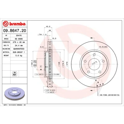 Imagen de BREMBO COATED DISC LINE 09.B647.21 Disco de freno 276 26 5 ventilación interna revestido DODGE: Caliber