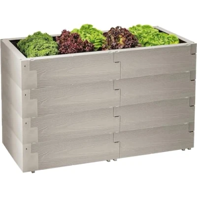 Imagen de JUWEL Timber 20470 Juego de 4 bancales (24 bloques construcción, macetero hierbas, capacidad 480 L, aspecto madera, sistema arriates con alto aislamiento térmico, medidas 130 x 60 cm,