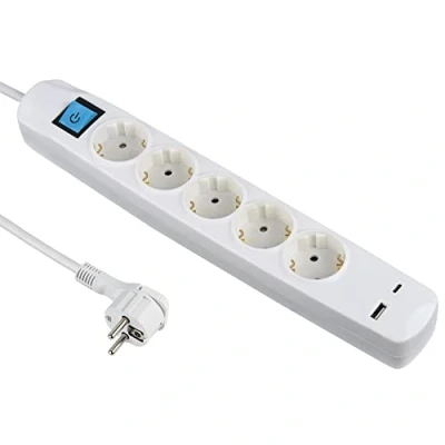 Imagen de Electraline 62165 Regleta Base Multiple 5 Tomas Schuko + 2 USB 3.4A 17W (1 Tipo A 1 C), Interruptor ON/OFF, Clavija Extra Plana Schuko, Cable 1.5M
