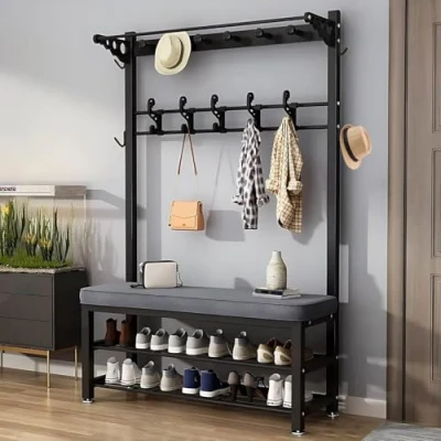 Imagen de angroups Perchero con Banco,Árbol del Vestíbulo,Perchero Metálico de Pie, Estilo Zapatero y 10 Ganchos, Mueble Recibidores Entrada, Colgador Ropa,Negro 60/80/100CM