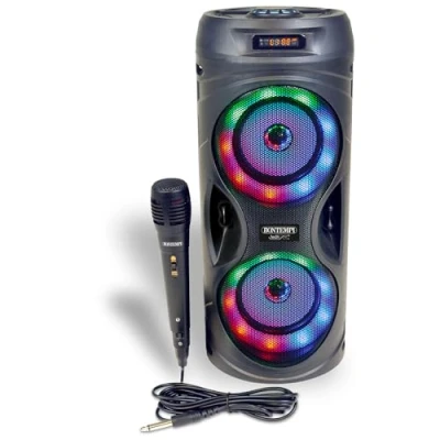 Imagen de Bontempi SonicSync Amplificador Audio Karaoke Inalámbrico con Micrófono Dinámico, Efectos de Luz, Controlador Graves y Agudos, TWS Efecto Eco, 41,4x18,8x18,8 cm