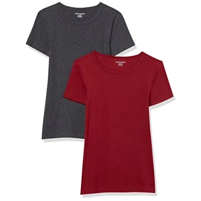 Imagen de Amazon Essentials Camiseta de Cuello a la Caja Manga Corta y Ajuste Entallado Mujer, Pack 2, Carbón Mezcla/Burdeos, XXL