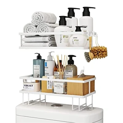 Imagen de Estantería de Baño 2 Pisos sobre el Inodoro. Organizador WC Base Adhesiva con Seis Ganchos para Colgar Esponjas o Cepillos. Balda Inodoro Almacenar Accesorios Baño.