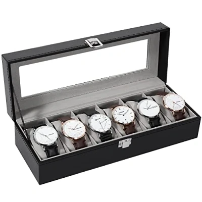 Imagen de Uten Caja Relojes, Estuche relojes Hombre con 6 Rejillas, Cojín Extraíble, Cuero Sintético Negro y Forro Gris