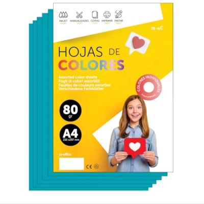 Imagen de Folios De Colores A4 80g Para Impresoras y Manualidades, Papel Surtido Niños, Paquete Tarjetas, Escuela Proyectos Creativos · m office (250h, Azul Turquesa)