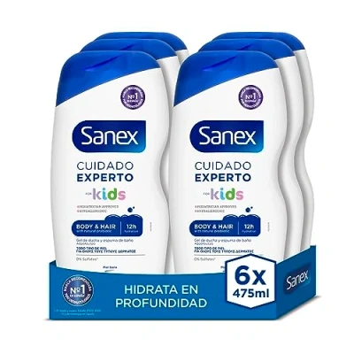Imagen de Sanex Cuidado Experto Kids Gel de Ducha, Pack 6 Uds x 475ml, Para Niños, Hipoalergénico, 12H Hidratación, Dermatológicamente Testado, Aprobado por Pediatras