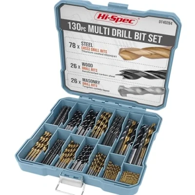 Imagen de Hi Spec Juego de Brocas Múltiples 130 Piezas. Set Acero Recubiertas en Titanio HSS. Para Taladrar y Perforar Metal, Madera Piedra. Incluye Kit Almacenamiento